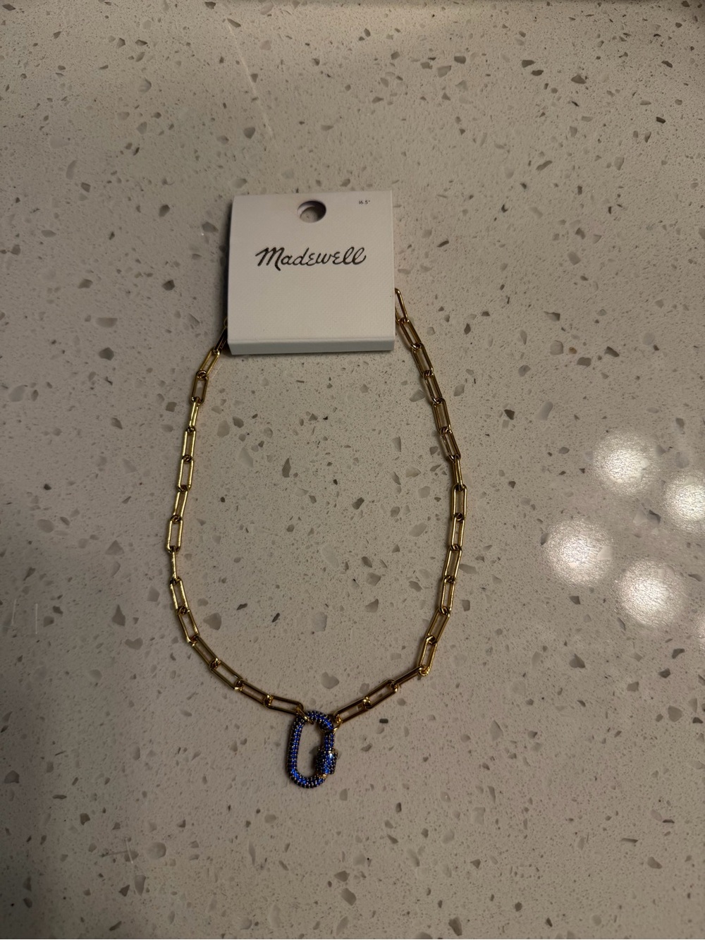 Madewell Gold Paperclip Necklace with Blue Pave Initial Charm